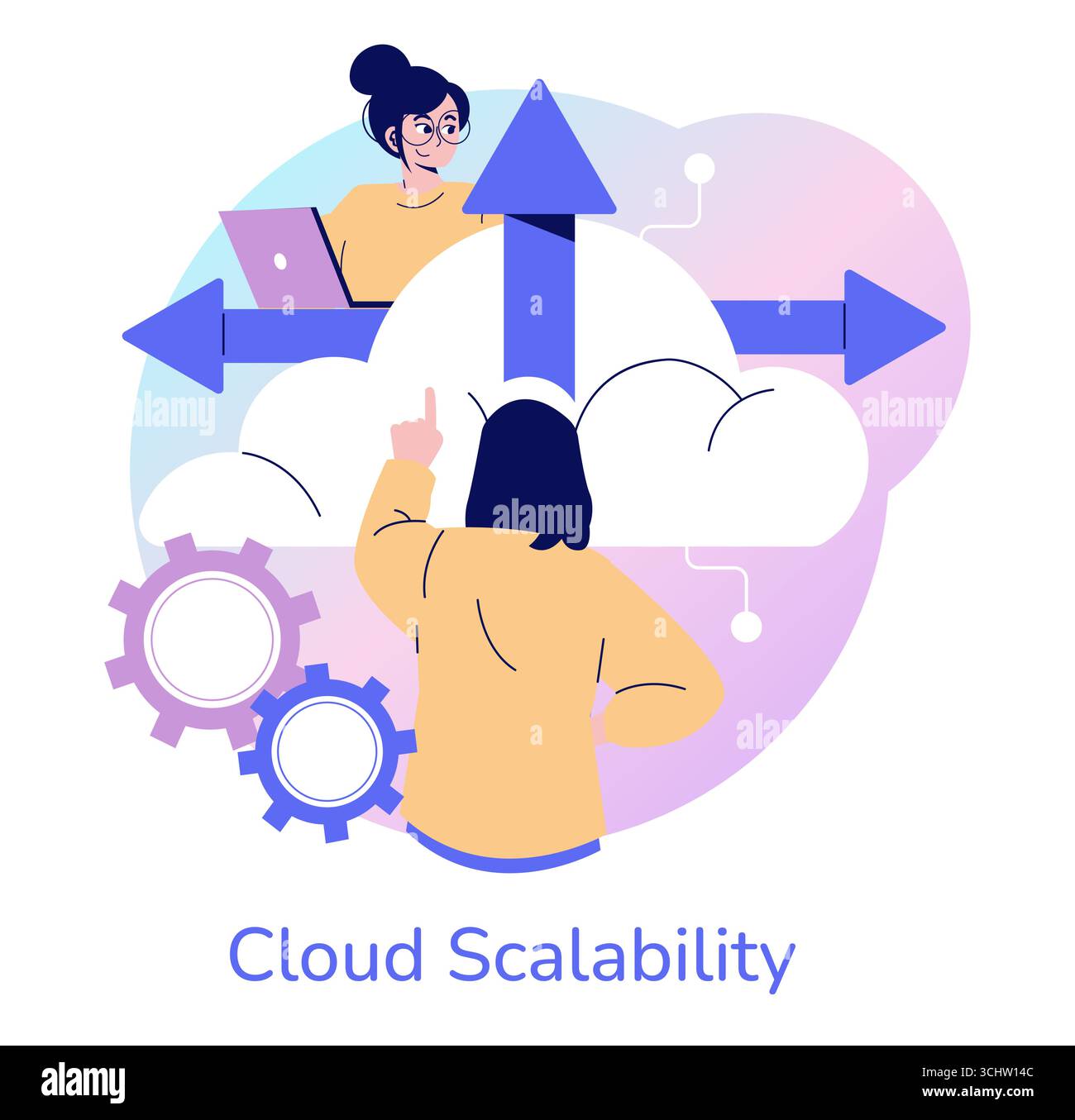 L'illustrazione vettoriale della scalabilità del cloud mostra una persona che interagisce con la tecnologia cloud. Include ingranaggi, frecce ed elementi cloud che simboleggiano la crescita e l'espansione digitale. Illustrazione Vettoriale