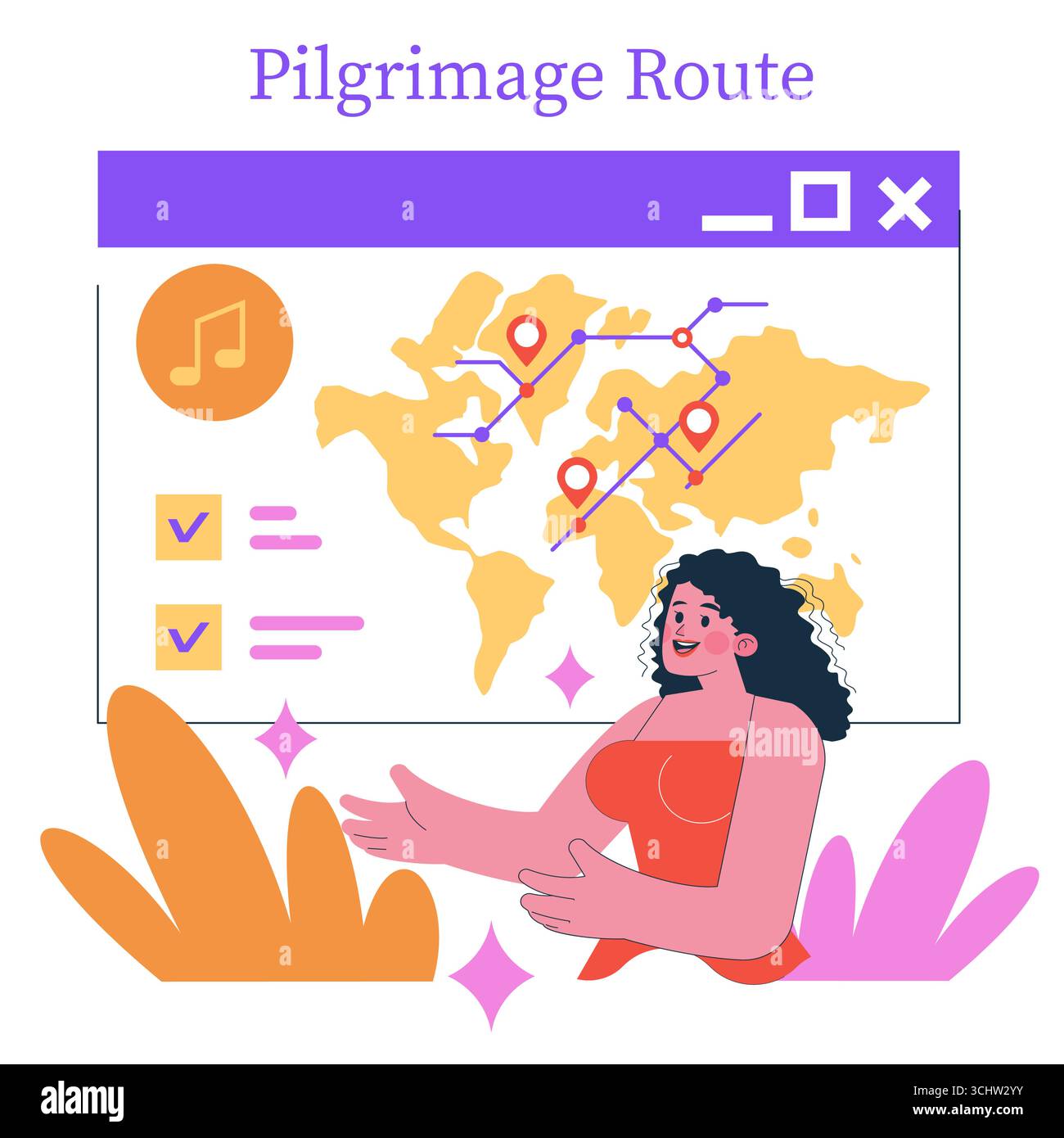 Illustrazione vettoriale di una donna che pianifica con entusiasmo un percorso di pellegrinaggio utilizzando una mappa del mondo con località segnate. Gli elementi interattivi suggeriscono un'impostazione digitale. Illustrazione Vettoriale