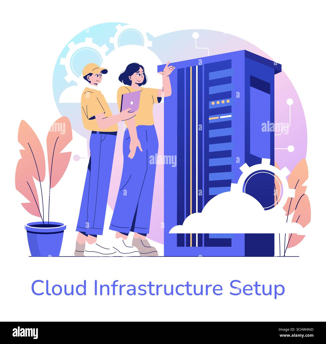 Illustrazione vettoriale di un team che collabora alla configurazione dell'infrastruttura cloud. Vengono mostrate due persone che lavorano insieme, una con un tablet e l'altra con un server. Illustrazione Vettoriale