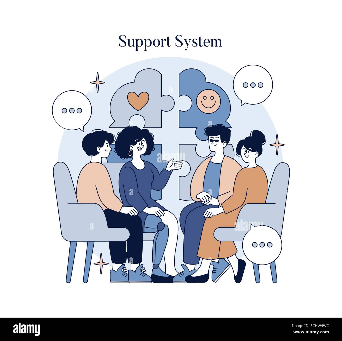 Illustrazione vettoriale di un incontro di gruppo con quattro persone che discutono dei sistemi di supporto, simboleggiati da pezzi di puzzle. Si siedono seduti in sedie, impegnandosi in una conversazione con espressioni positive. Illustrazione Vettoriale