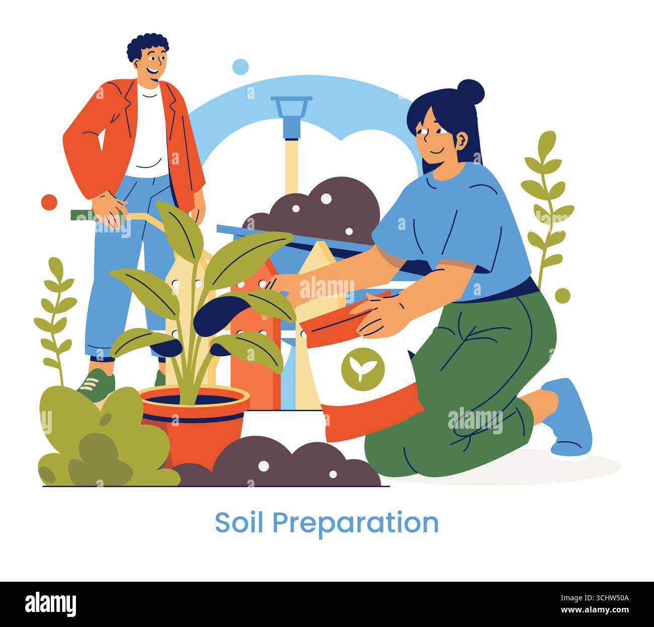 Illustrazione vettoriale di due persone che preparano il terreno in un giardino. Una persona si inginocchia mentre maneggia un sacchetto di fertilizzante, e l'altra si trova nelle vicinanze, sorridendo. Le piante verdi e gli strumenti sono visibili. Illustrazione Vettoriale