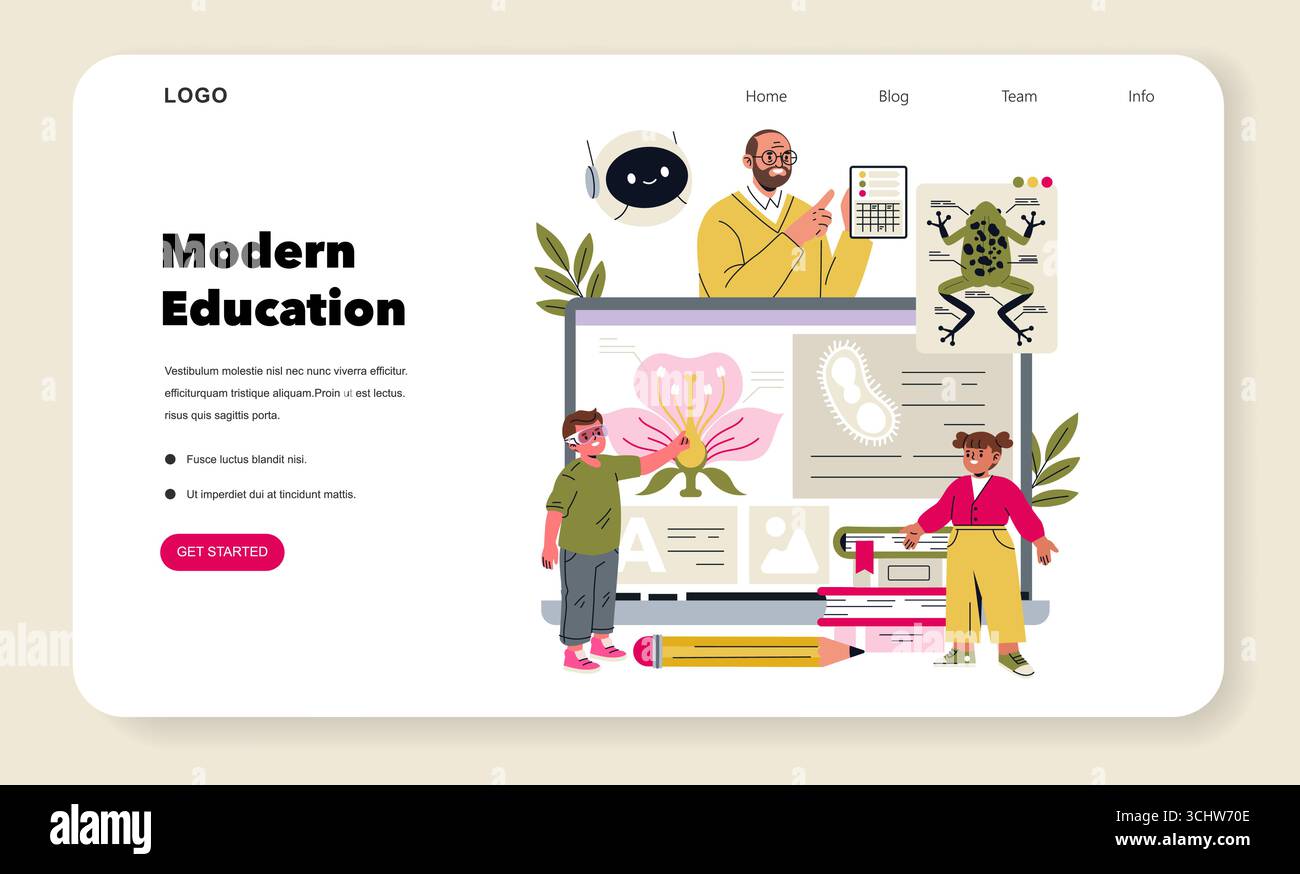 Concetto educativo moderno con apprendimento online interattivo, con studenti che esplorano argomenti di biologia digitale su un grande schermo. Illustrazione vettoriale che raffigura diversi strumenti educativi. Illustrazione Vettoriale