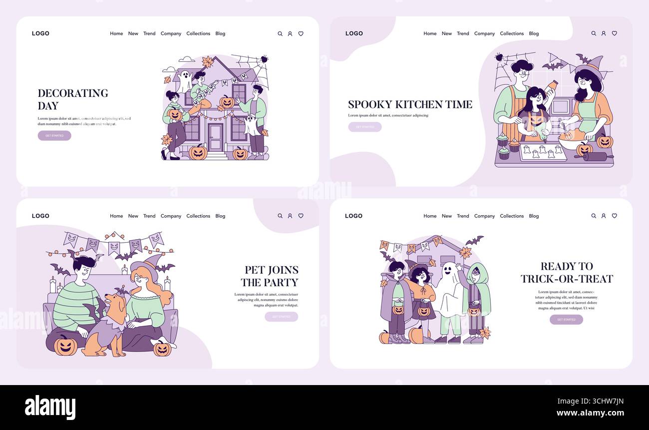 Illustrazioni vettoriali che raffigurano le attività di Halloween, tra cui decorare una casa con zucche, cuocere dolcetti spaventosi, divertirsi con gli animali domestici e vestirsi per scherzare. Perfetto per i design stagionali. Illustrazione Vettoriale