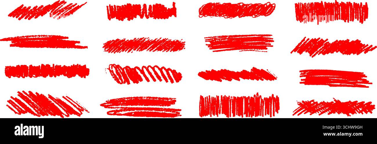 Set di forma del pennello grunge rosso. Collezione di sottolineature e enfasi del pastello disegnato a mano. Spaghetti a matita pastello bagnati o asciutti e scarabocchi. Scrawles e scoiattoli disegnati a carboncino grezzo vettoriale Illustrazione Vettoriale