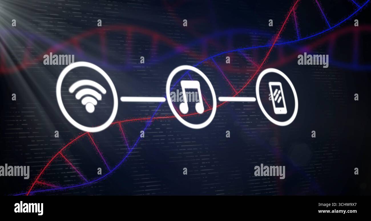 Collegamento di icone che mostrano il segnale Wi-Fi, la nota musicale, lo smartphone sullo sfondo del codice, con fili di DNA Foto Stock