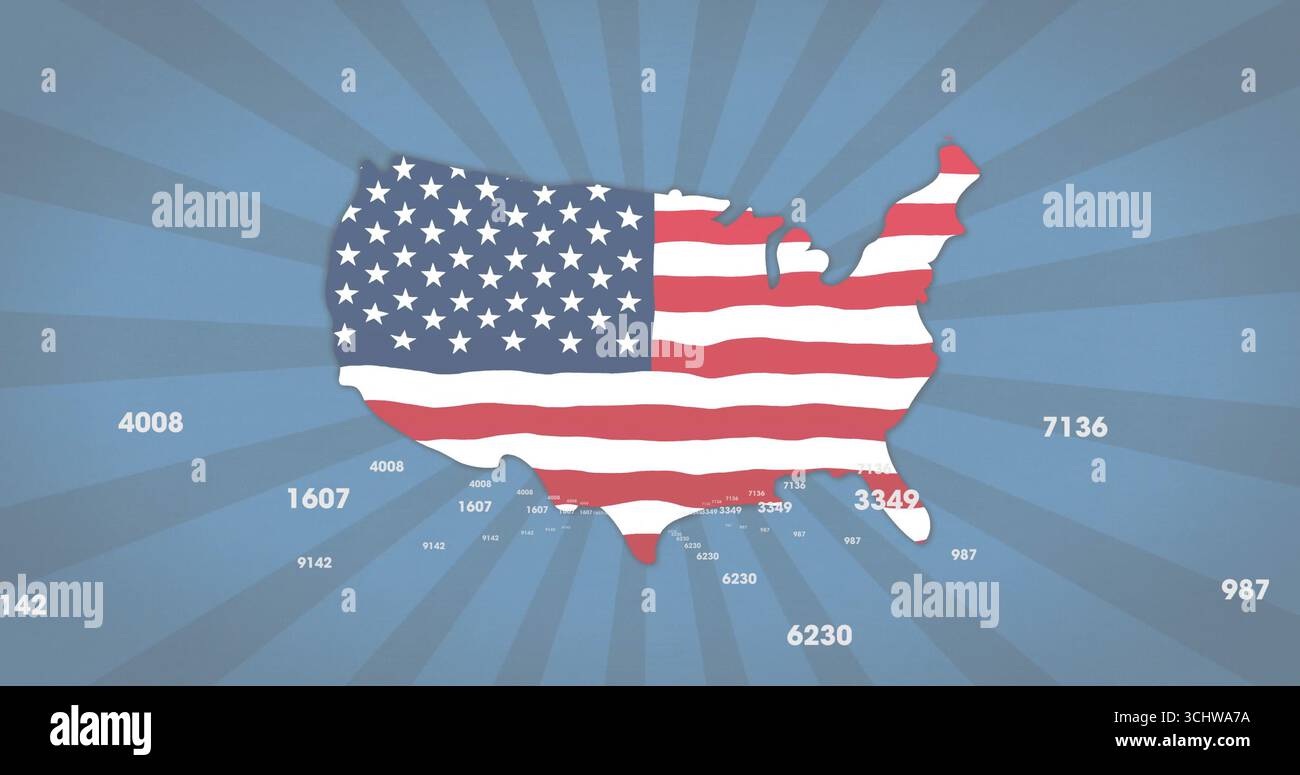 Visualizzazione della sagoma degli Stati Uniti riempita con il motivo della bandiera americana su un layout radiale blu, con etichette dati Foto Stock