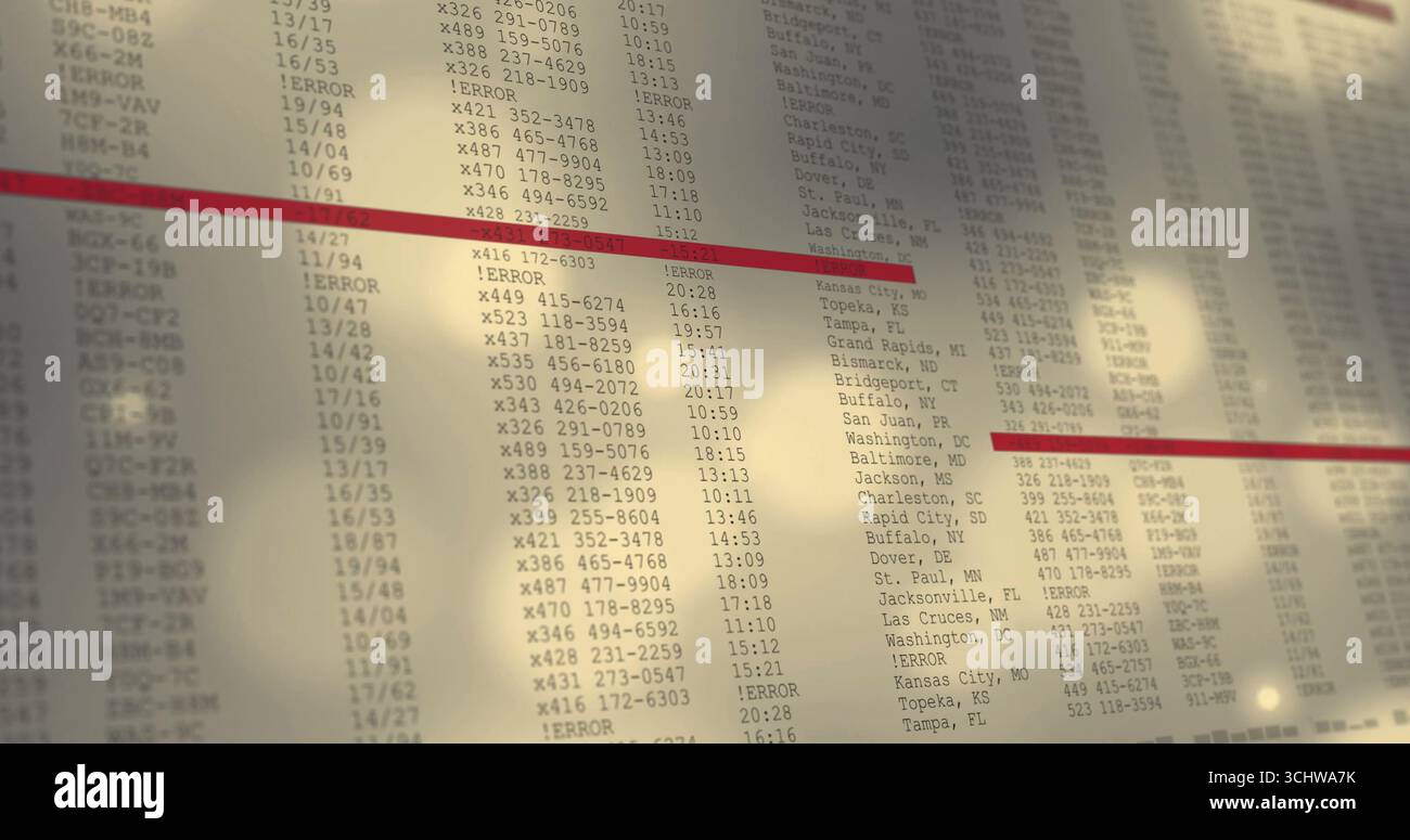 Visualizzazione del pannello del display in vetro che mostra codici ed errori nella sala di controllo, con barra rossa evidenziata Foto Stock