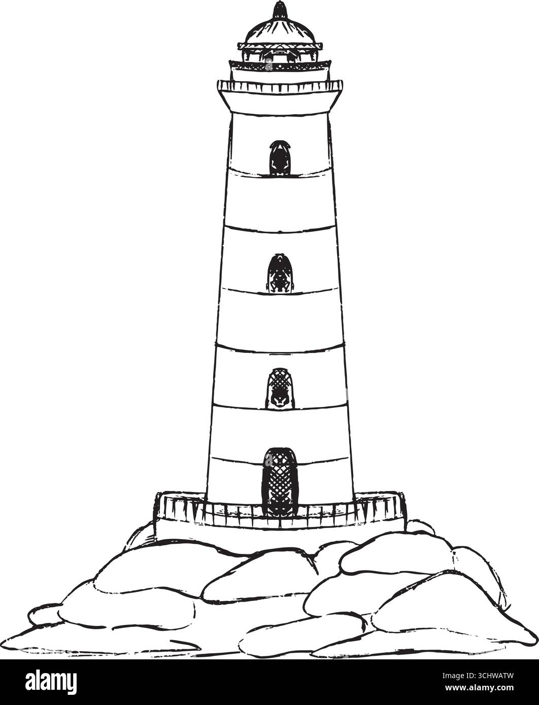 Una splendida illustrazione in bianco e nero che raffigura un faro in piedi con orgoglio e alto su un terreno roccioso accidentato. Clipart della linea di schizzo vettoriale in bianco e nero. Illustrazione Vettoriale