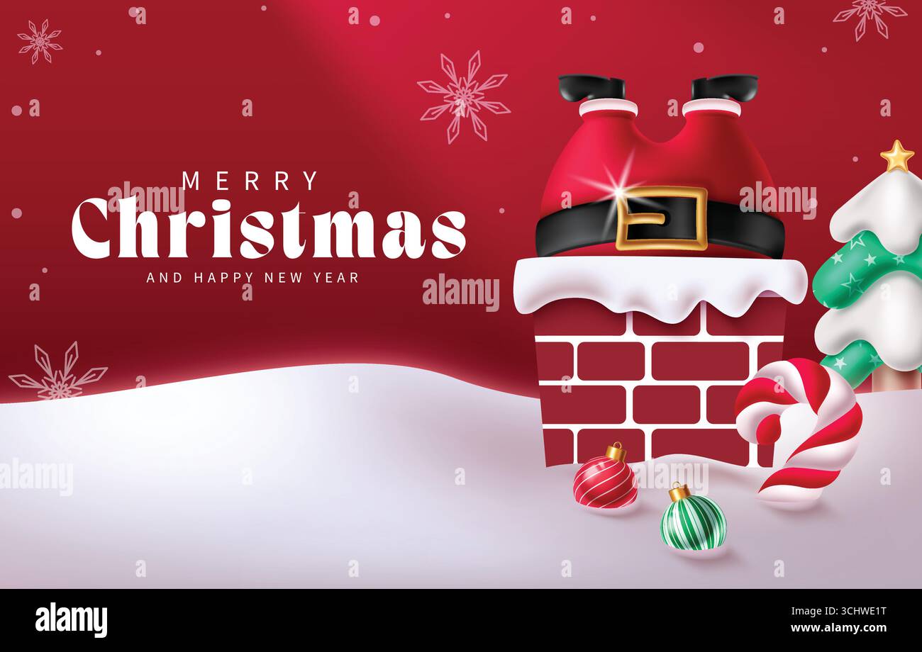 Buon Natale Clipart con le gambe di Babbo Natale a Chimney, Snowy Landscape e decorazioni natalizie Illustrazione Vettoriale