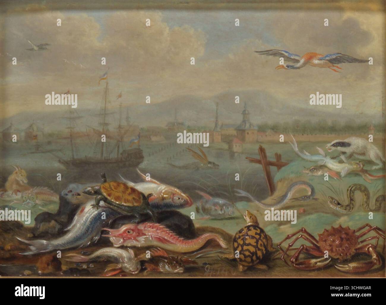 Vedute delle quattro parti del mondo con scene di animali: Alexandria, di Ferdinand van Kessel il Vecchio. Vita marina esotica, uccelli e animali raffigurati con un porto e navi olandesi sullo sfondo. xvii secolo. Foto Stock