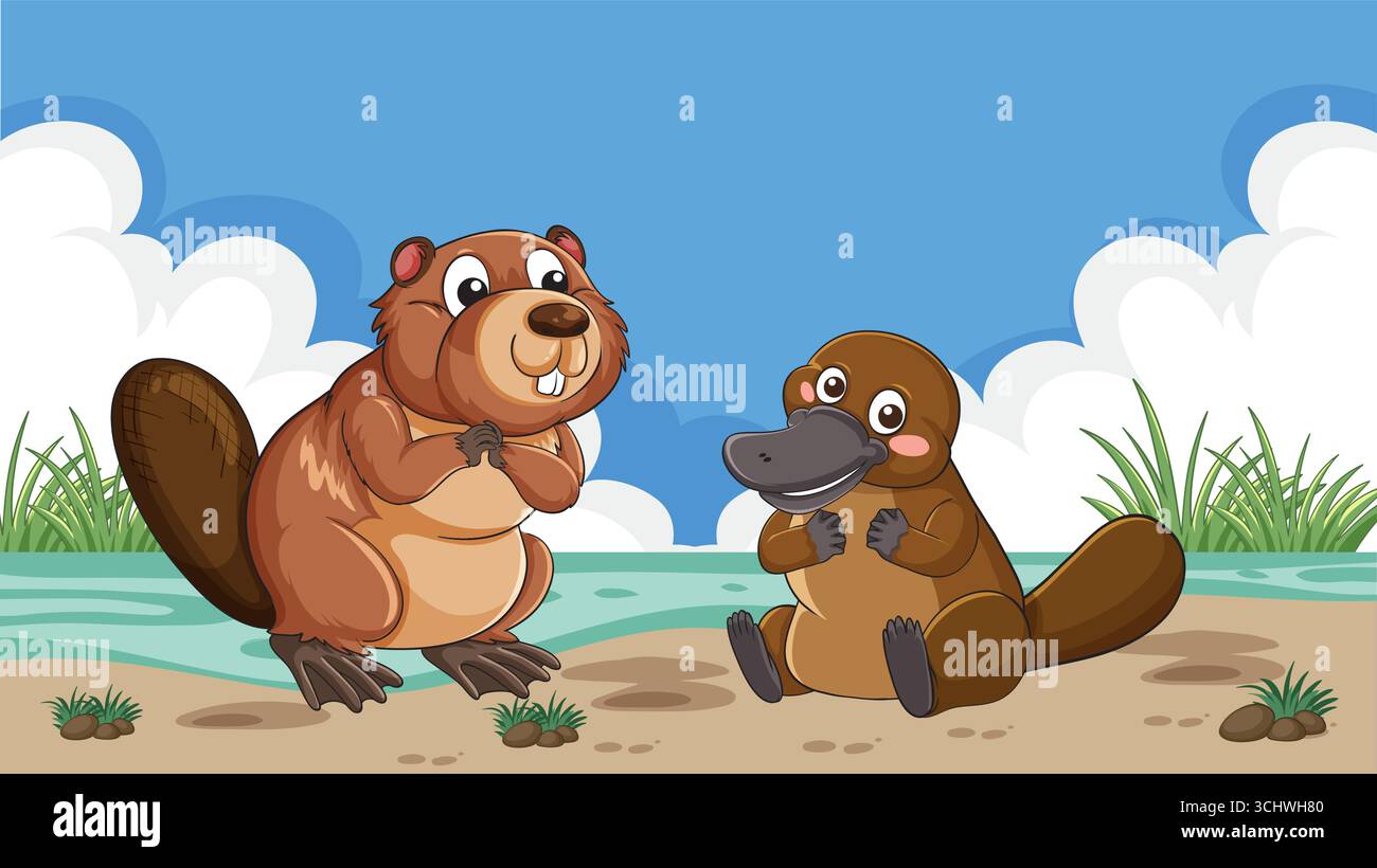 Vettore cartoni animati di ornitorinci sorridenti e amici castori in riva a un fiume sotto un cielo luminoso. Illustrazione Vettoriale