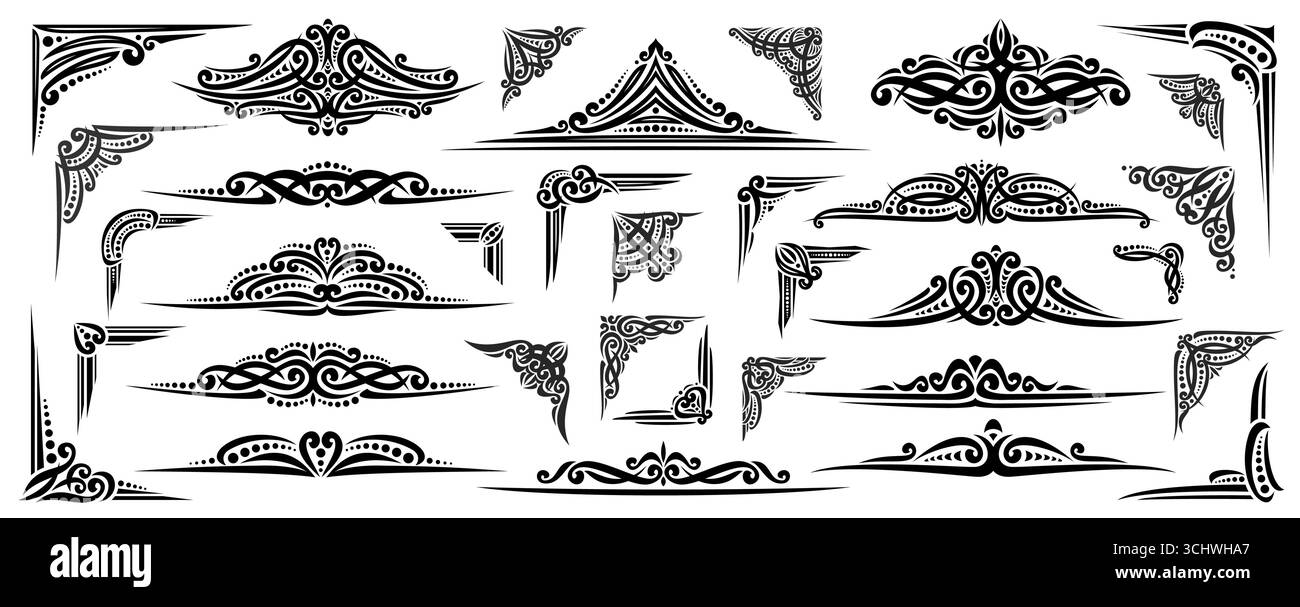 Set angoli e bordi vettoriali, raccolta di illustrazioni isolate nere elementi di design astratti per la creazione di certificati, vecchi bordi e. Illustrazione Vettoriale