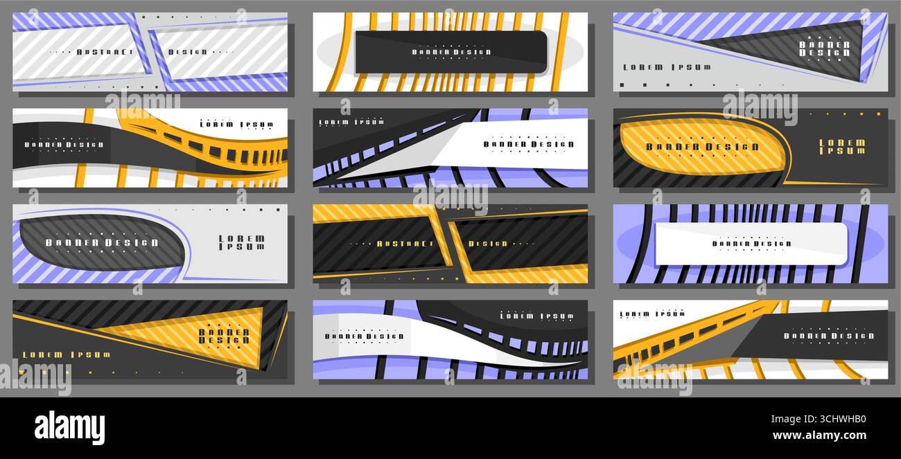 Set vettoriale di modelli di intestazione, 12 intestazioni colorate con spazio di copia vuoto per il testo degli annunci di marketing su sfondo bianco, dodici intestazioni Web geometriche promozionali Illustrazione Vettoriale