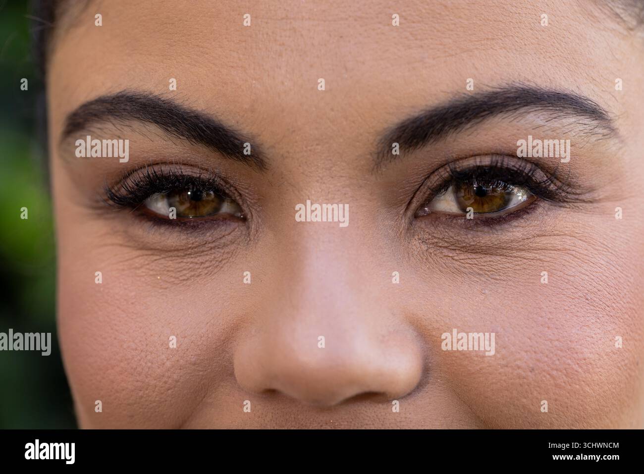 Primo piano degli occhi della donna con trucco naturale, che mette in mostra bellezza ed eleganza Foto Stock