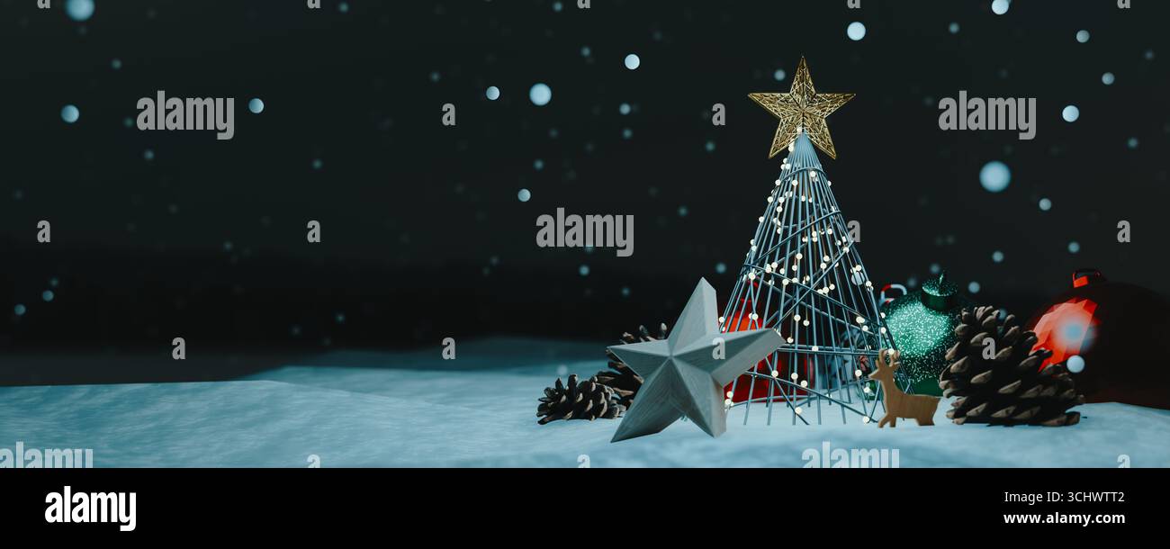 Scena natalizia natalizia con un albero illuminato e ornamenti stellari di notte Foto Stock