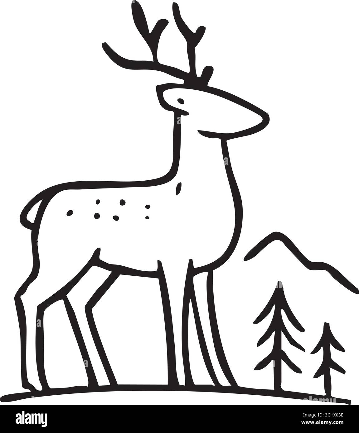Un cervo grazioso si ferma vicino a piccoli pini raffigurati con linee nere pulite su un campo bianco. Illustrazione Vettoriale