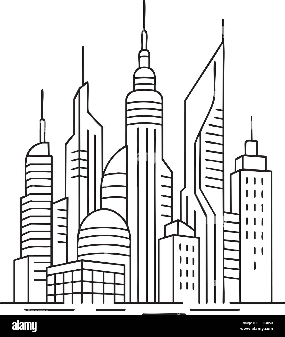 La silhouette metropolitana è caratterizzata da grattacieli a grattacieli a guglie e torri disegnate con tratti uniformi. Illustrazione Vettoriale