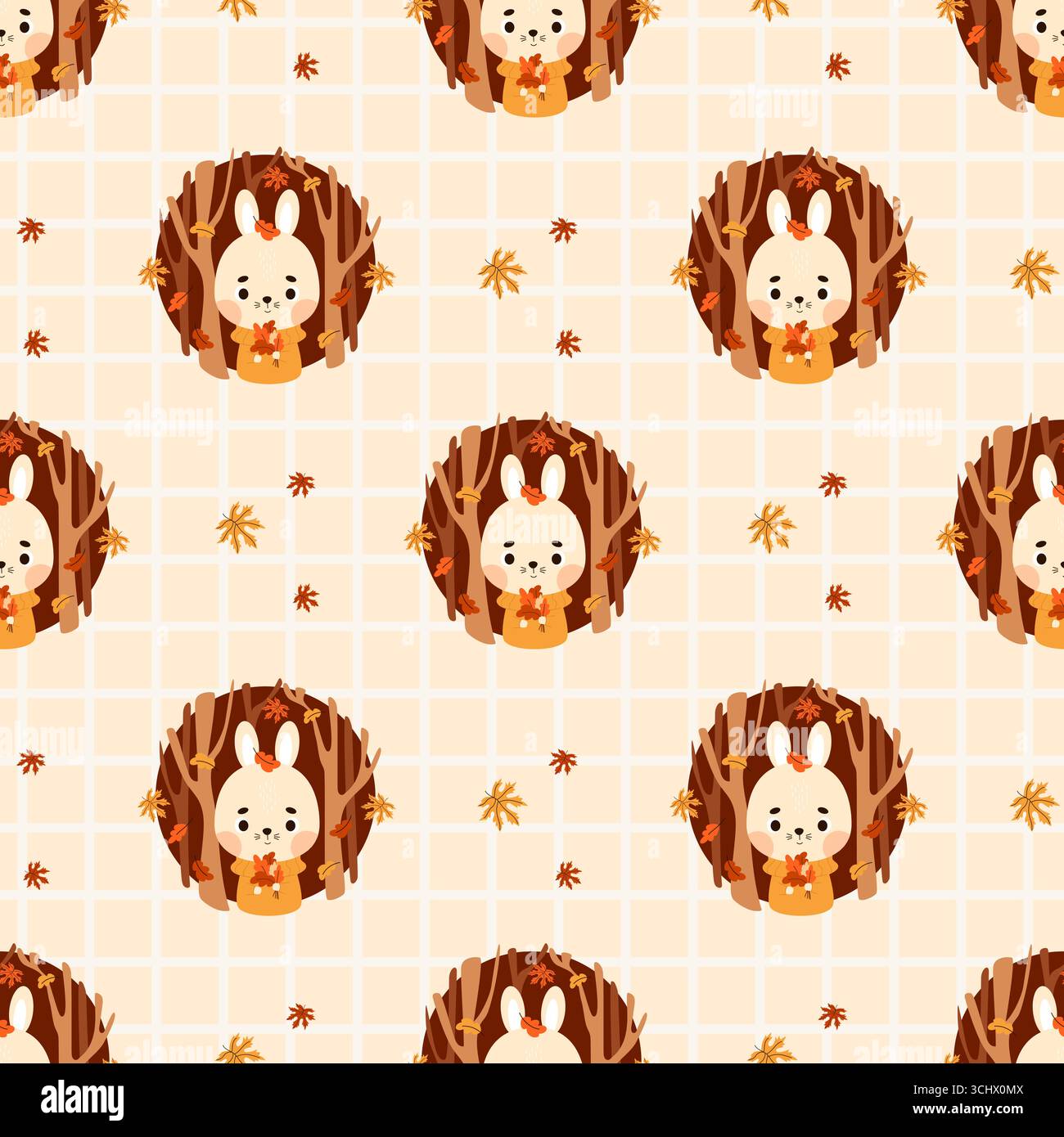 Motivo senza cuciture con simpatico coniglietto autunnale con foglie autunnali su sfondo a scacchi beige. Divertente personaggio di Cartoon Forest Animal. Illustrazione vettoriale. Ki Illustrazione Vettoriale