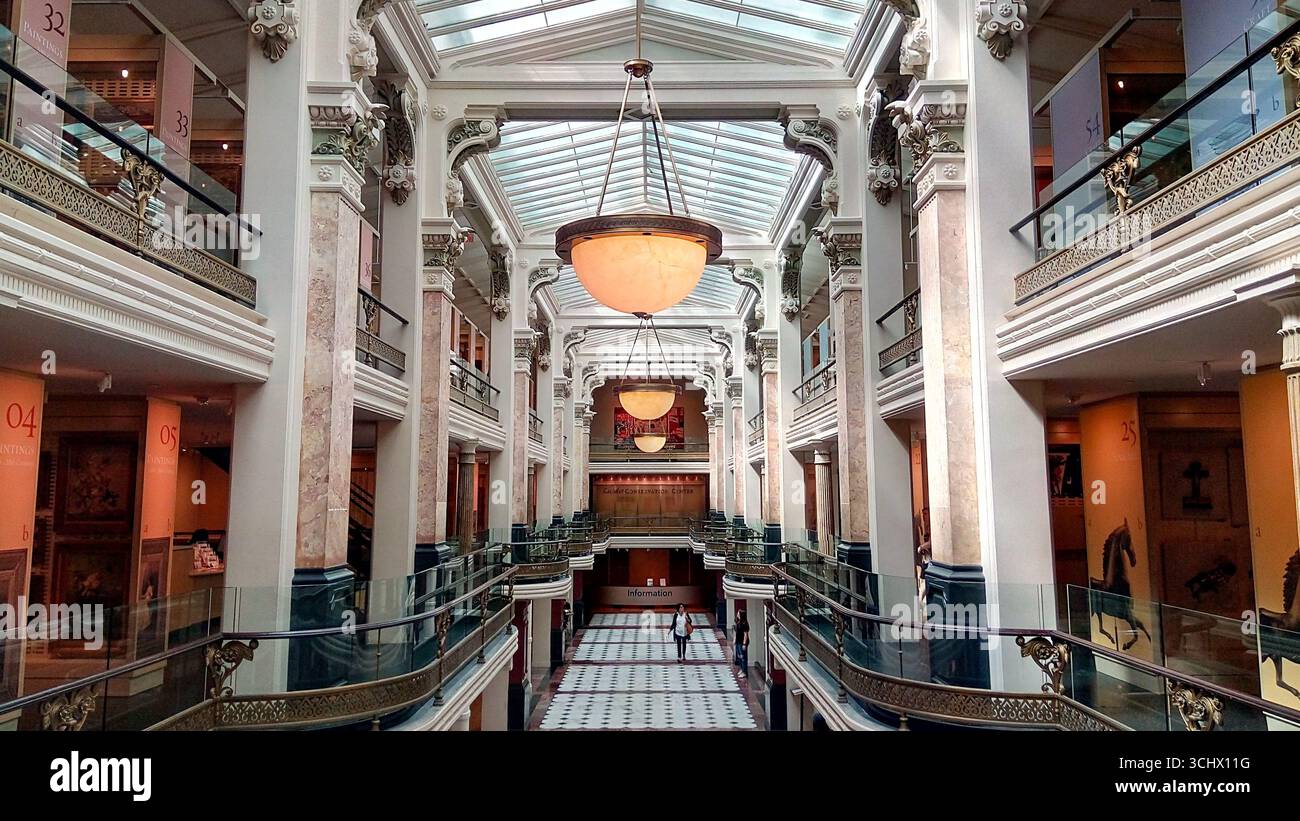 Grande vista interna del luce Foundation Center, dello Smithsonian American Art Museum, Washington D.C., con colonne ornate e soffitto in vetro. Foto Stock