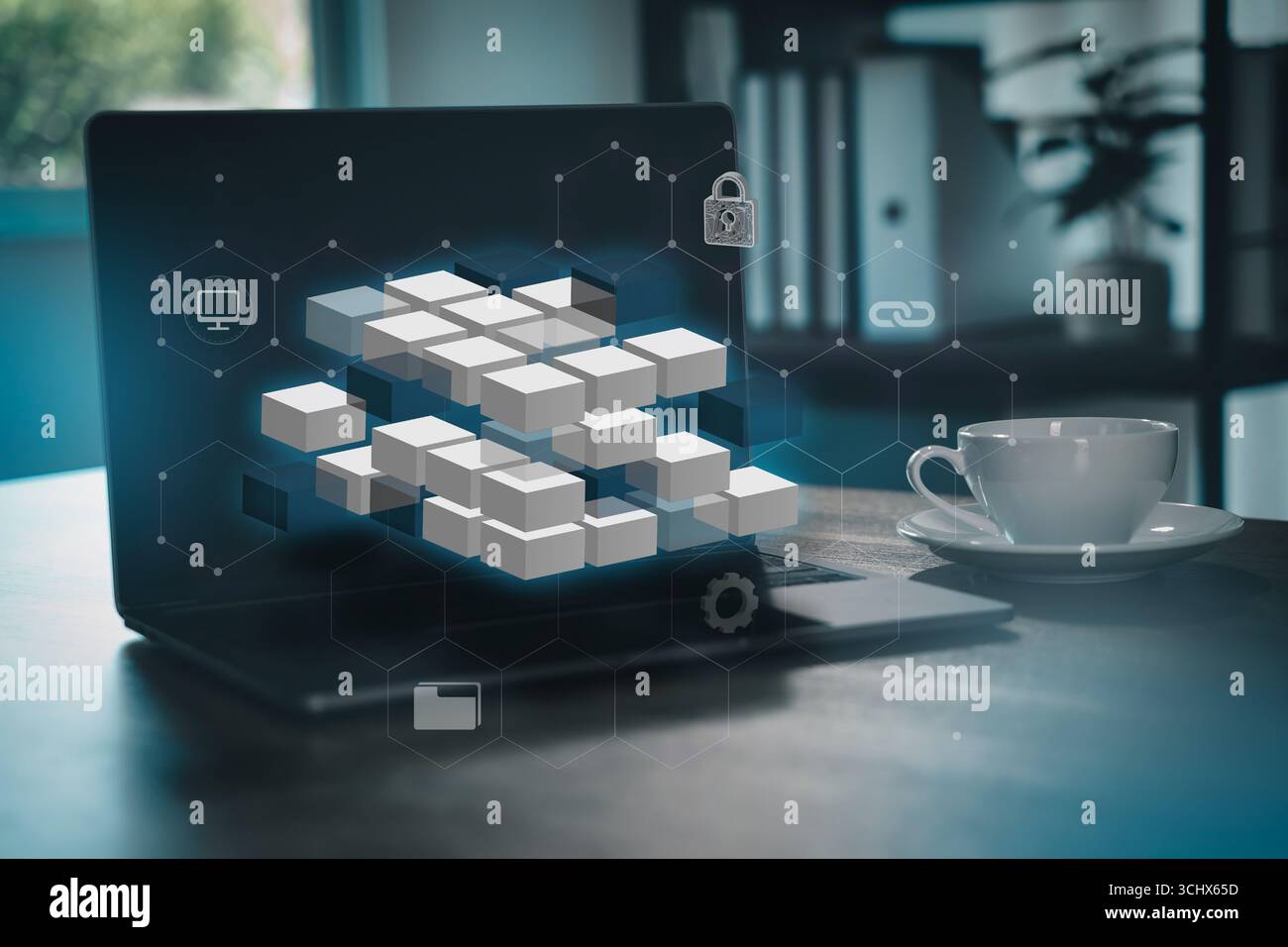 Concetto di tecnologia Blockchain con cubi digitali e icone di sicurezza informatica sullo schermo di un laptop, che simboleggiano la protezione dei dati, il registro digitale, la criptovaluta Foto Stock