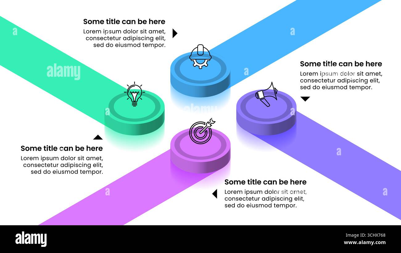 Modello infografico con icone e 4 opzioni o passaggi. Colonne isometriche. Può essere utilizzato per il layout del flusso di lavoro, il diagramma, il banner, il webdesign. Illustrazione del vettore Illustrazione Vettoriale