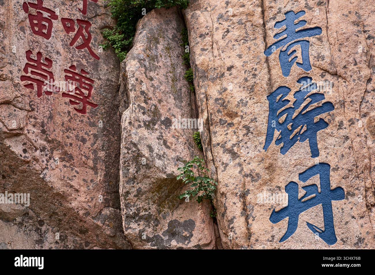 Famose antiche iscrizioni in pietra su Taishan o sul Monte Tai, la montagna Dao più sacra della Cina Foto Stock