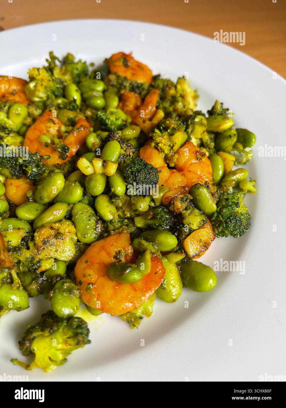 Fagioli verdi, broccoli e gamberi. Foto Stock