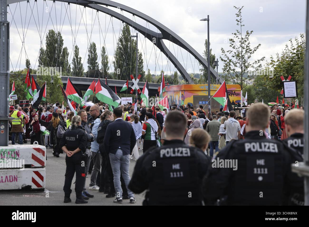 Diverse migliaia di persone prendono parte a una manifestazione pro-Palestina con lo slogan United 4 Gaza a Francoforte sul meno il 30 agosto 2025 all'Hafenp Foto Stock