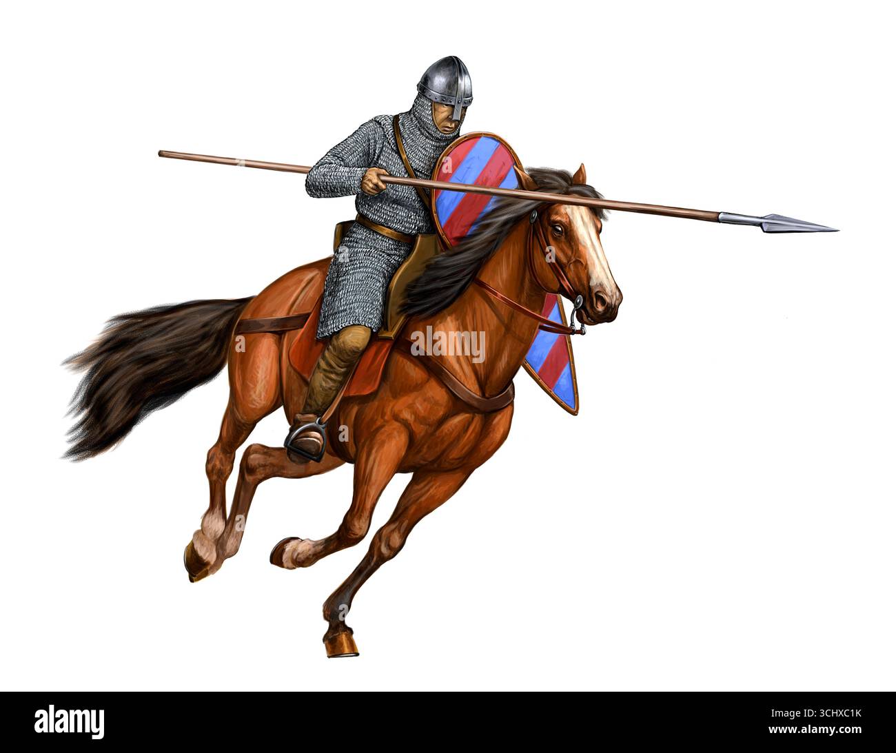 Guerriero normanno in carica. Battaglia di Hastings. Illustrazione raffigurante un cavaliere medievale. Foto Stock