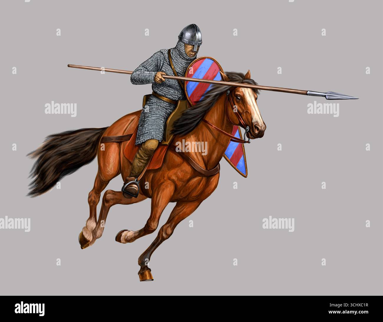 Guerriero normanno in carica. Battaglia di Hastings. Illustrazione raffigurante un cavaliere medievale. Foto Stock