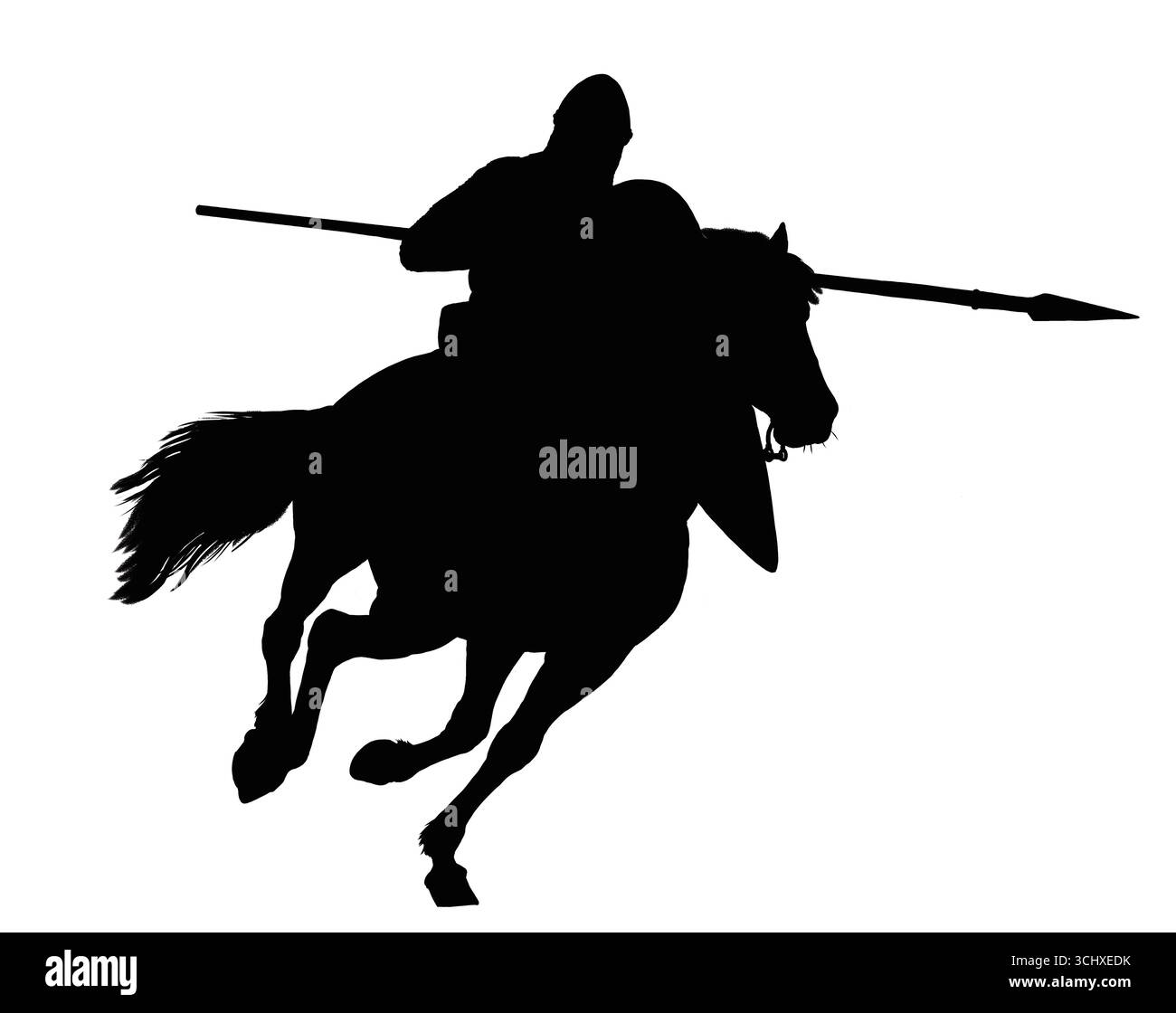 Silhouette del guerriero normanno montato in carica. Battaglia di Hastings. Illustrazione raffigurante un cavaliere medievale. Foto Stock