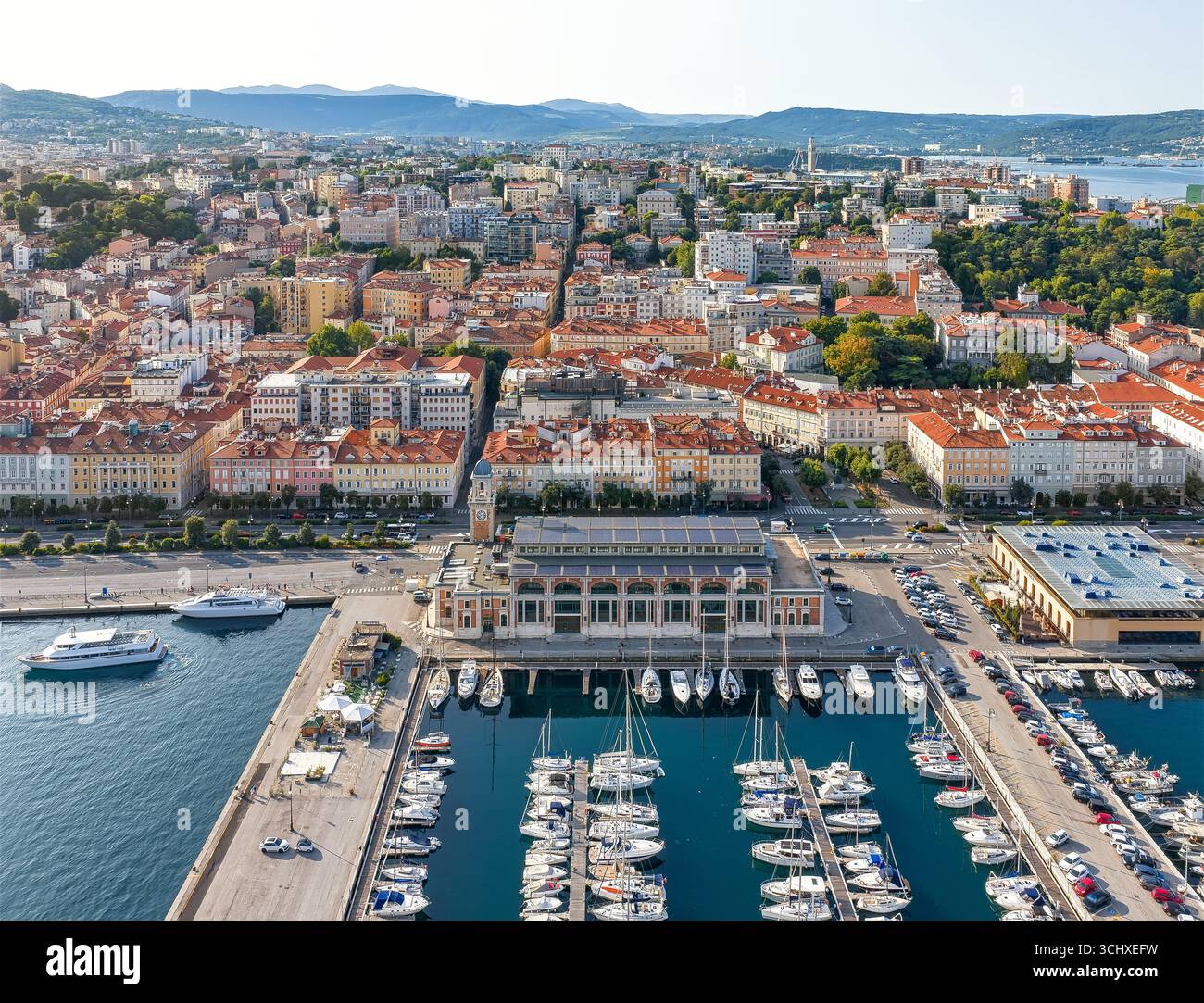 Vista aerea del vivace porto con le barche ancorate lungo il porto e gli edifici che si estendono in lontananza, Trieste, Friuli-Venezia Giulia, Italia. Foto Stock