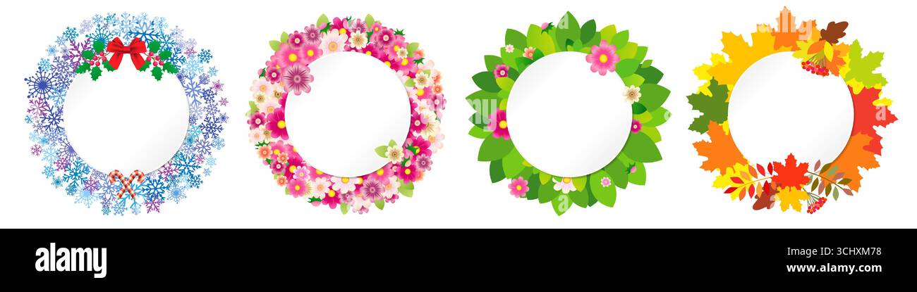 Set di corone 3D creative di quattro stagioni. Design con clip art isolato. Illustrazione grafica con foglio di carta vuoto. Temp. Biglietto d'auguri o carta dei desideri Illustrazione Vettoriale