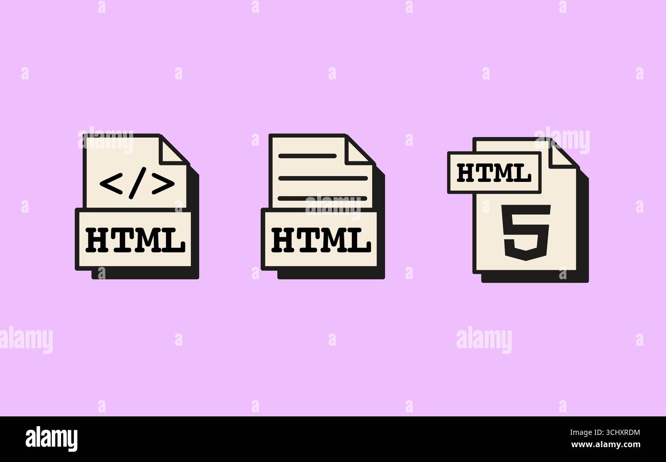 Set di icone di file HTML in stile retrò con formati di codifica Web ed elementi dell'interfaccia utente in un design minimalista. Illustrazione vettoriale di stile piatto isolata su Illustrazione Vettoriale