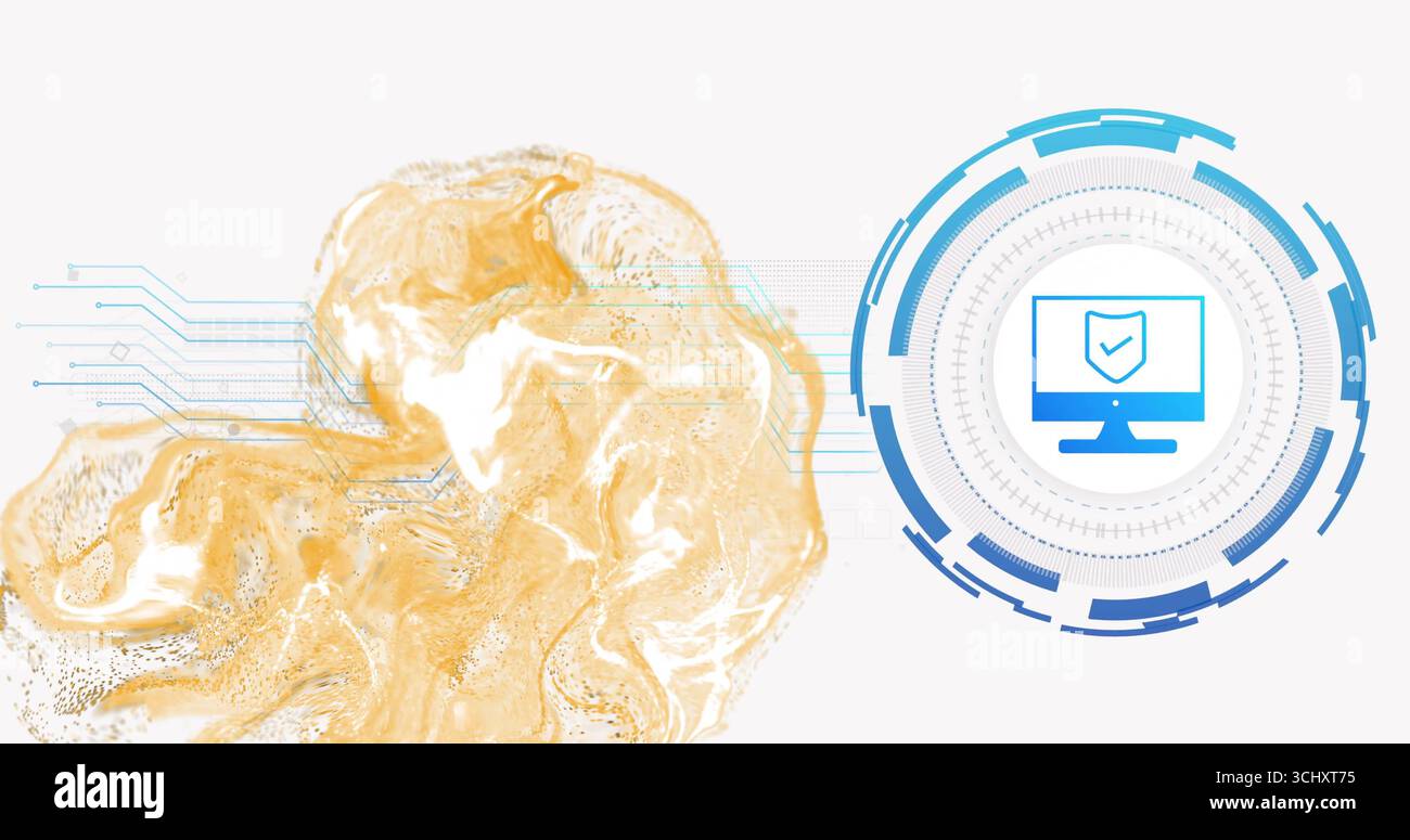 Onda dorata vorticosa, linee di circuito convergenti sull'icona del monitor dell'interfaccia utente con segno di spunta scudo, spazio di copia Foto Stock