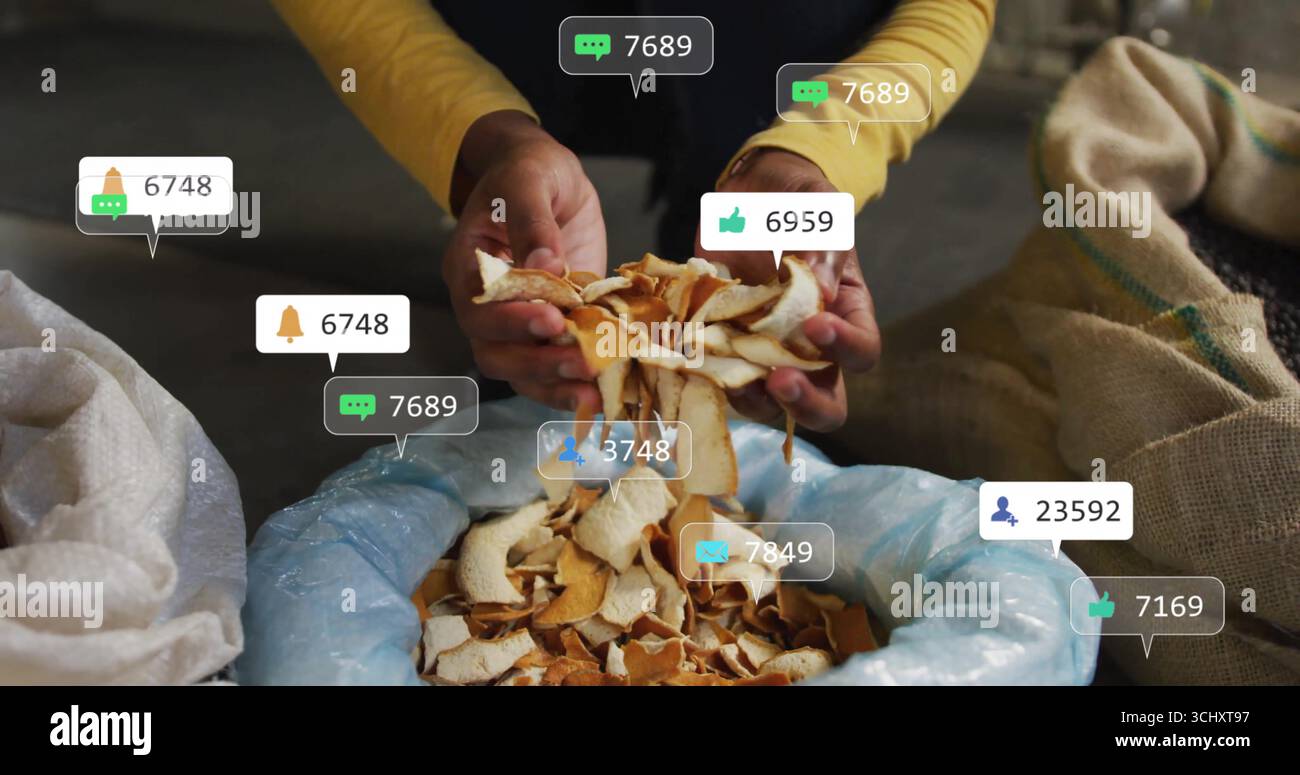 Donna in camicia gialla che seleziona i trucioli di buccia sopra il bidone blu nell'area di riciclaggio, con icone di reazione Foto Stock