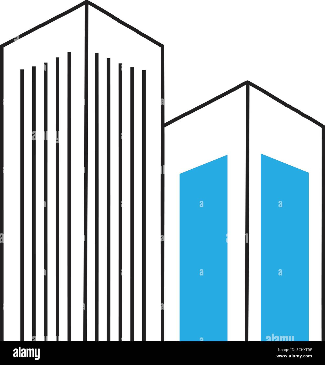 L'edificio sulla destra è leggermente più corto e posizionato dietro quello più alto, creando un senso di profondità e prospettiva. Ha una facciata più semplice, Illustrazione Vettoriale