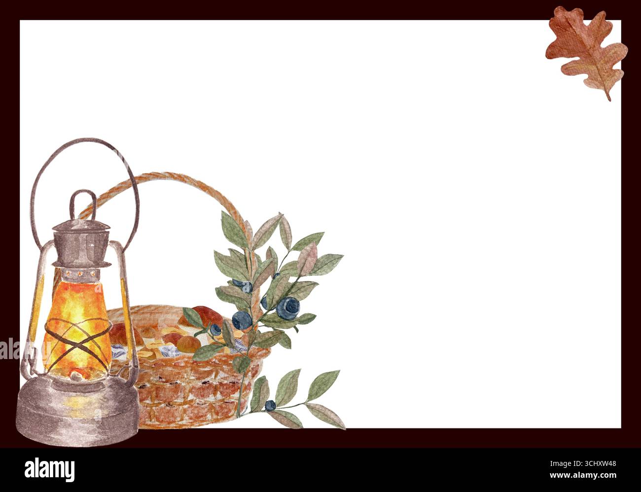 Lanterna vintage, cesto di vimini e rami di mirtilli, decorati con foglie di quercia. Cornice acquerello. Modello rustico autunnale ideale per inviti Foto Stock