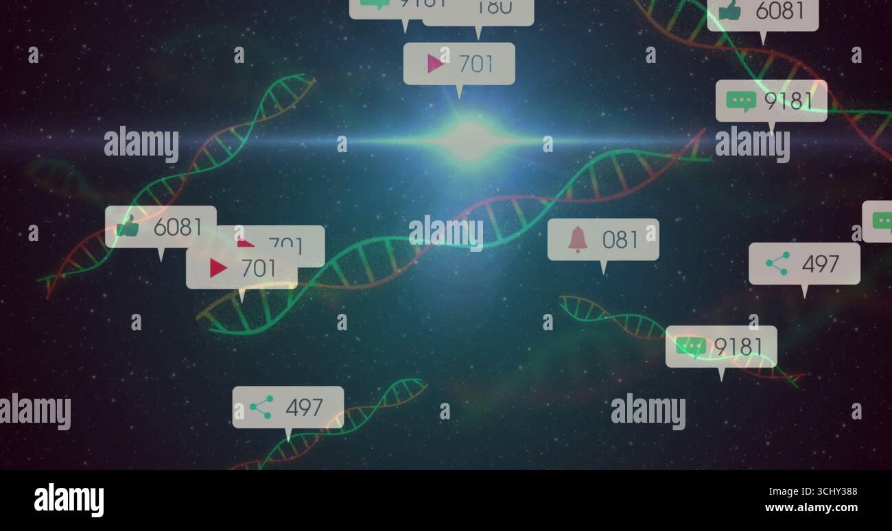 Il DNA fluttuante avvolge il bagliore centrale nello spazio profondo, con pop-up sui social media Foto Stock