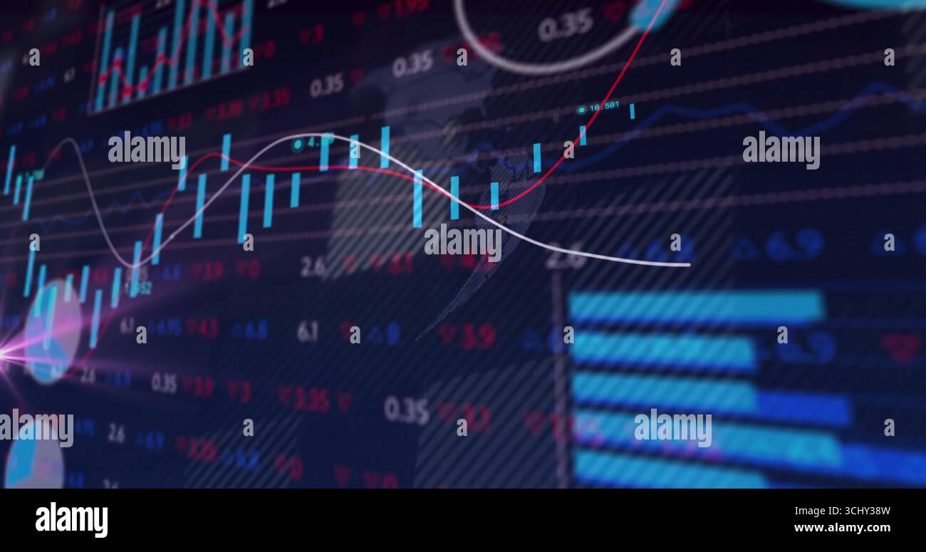 Schermata del terminale di trading che visualizza i dati di mercato con candele, grafici a barre e a linee, numeri Foto Stock