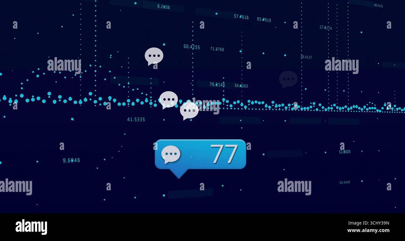 Visualizzazione di punti dati blu sul dashboard virtuale, con un'icona chat blu grande ed etichette numeriche Foto Stock