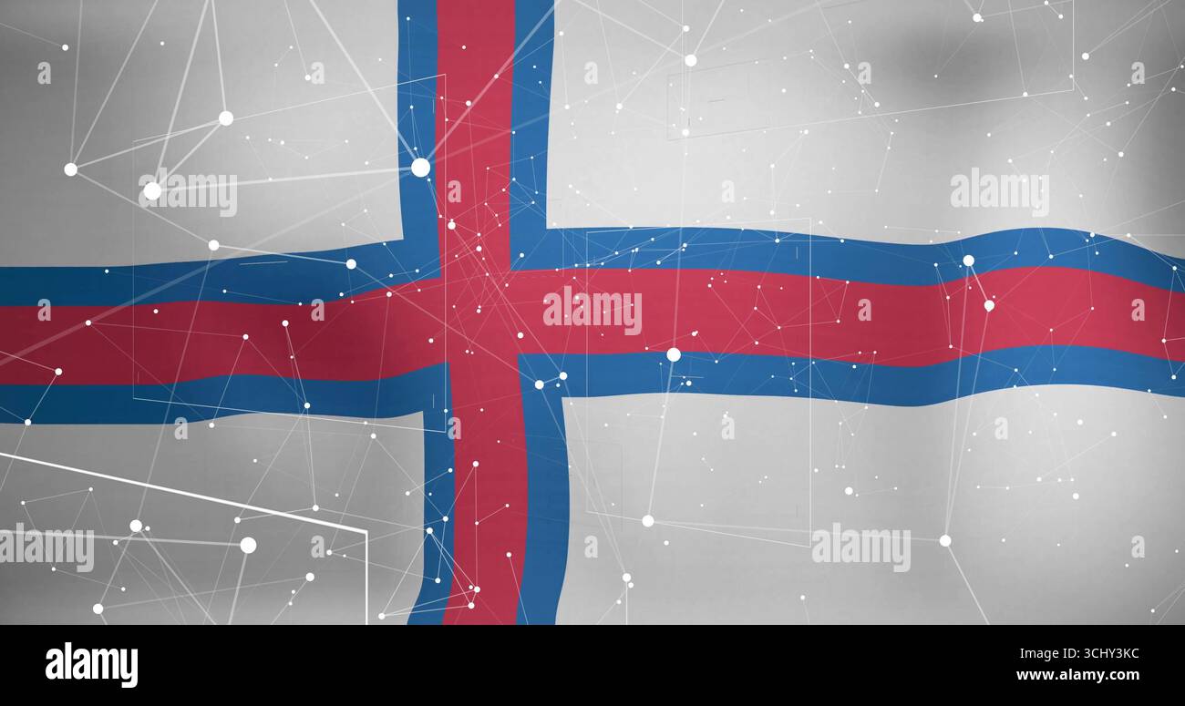 Visualizzazione di una cornice di riempimento a bandiera faroese stilizzata, con nodi di rete con sottili linee di connessione Foto Stock