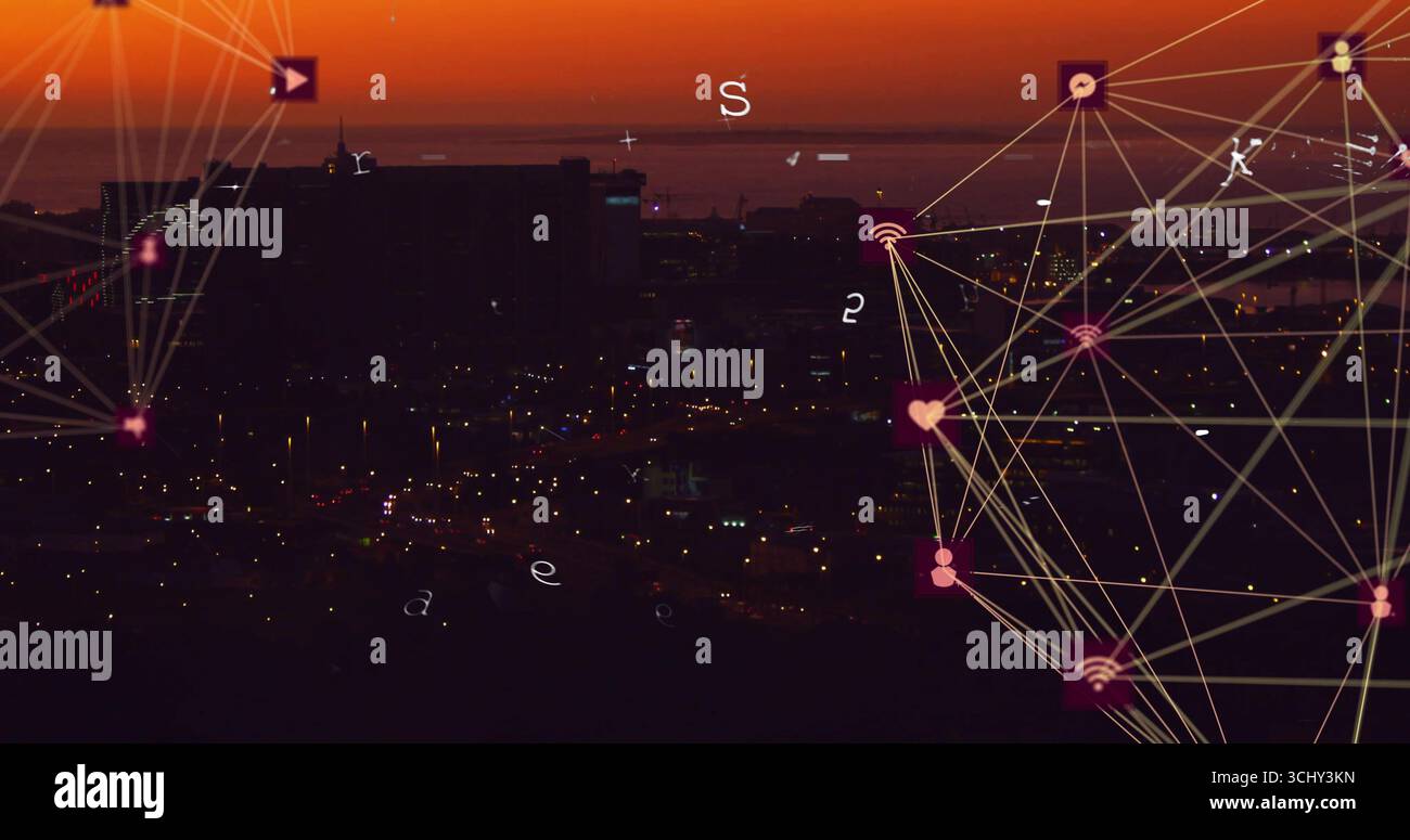 Visualizzazione del grafico digitale della rete sul paesaggio urbano costiero al crepuscolo, con icone di rete e spazio di copia Foto Stock