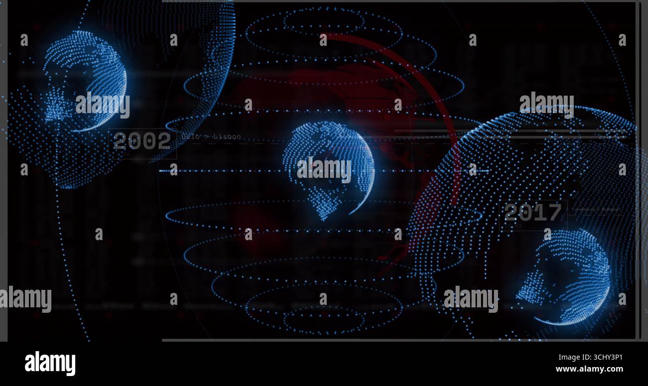 Globo olografico con matrice di punti blu su pannello, con anelli orbitali, etichette 2002 o 2017 Foto Stock