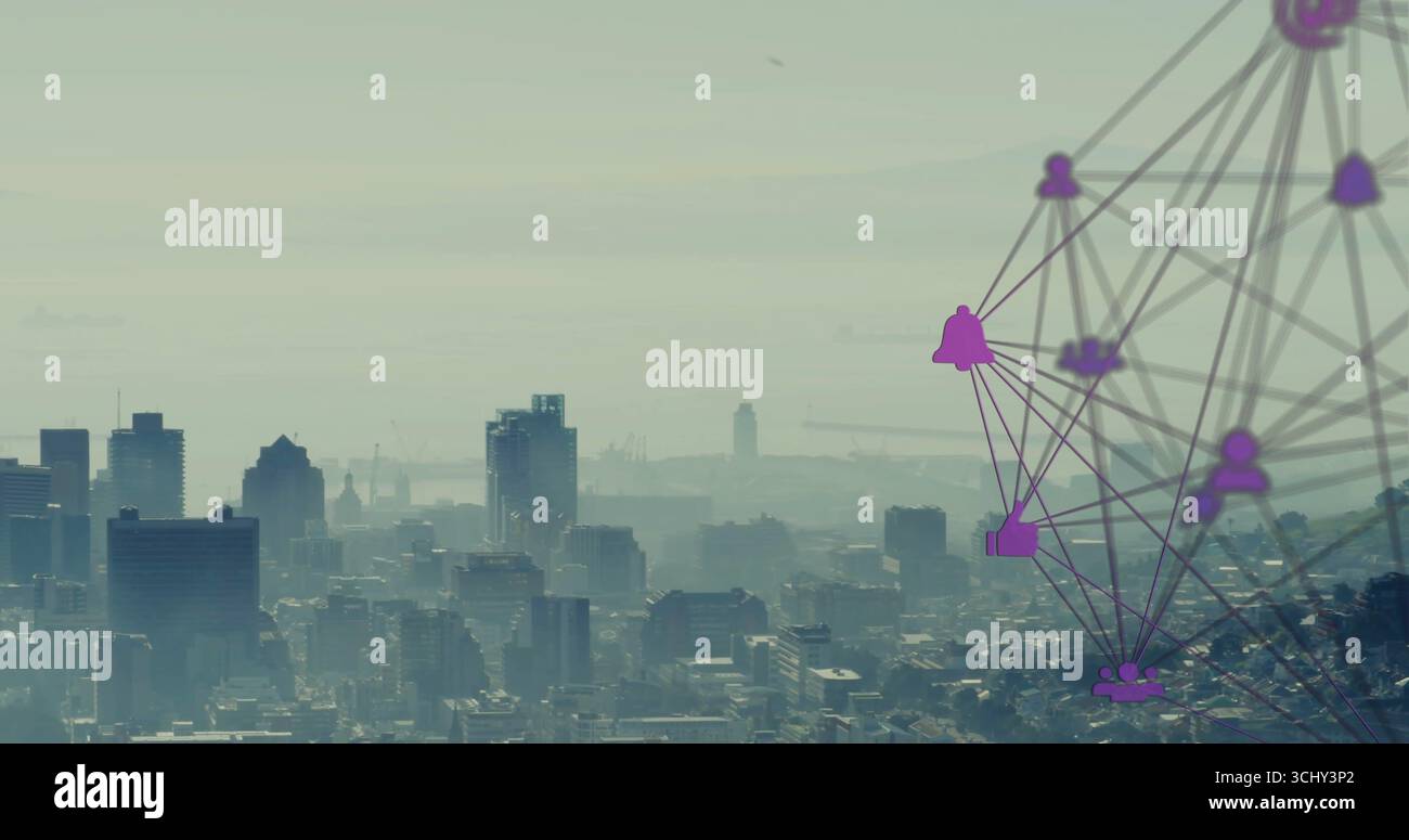 Rete viola sovrapposta con icone in cima alla collina che si affacciano su grattacieli, gru, porto, spazio per copiare Foto Stock