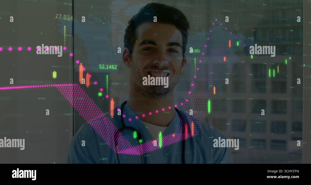 Medico in piedi che indossa scrub blu e stetoscopio in stanza d'ospedale, con grafici finanziari digitali Foto Stock