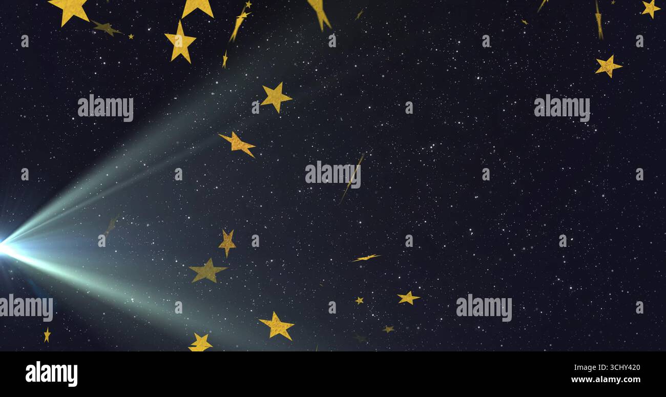 Proiezione di un fascio bianco-blu attraverso il cielo navy, con aperture a stella dorata, punti a stella bianchi, spazio di copia Foto Stock