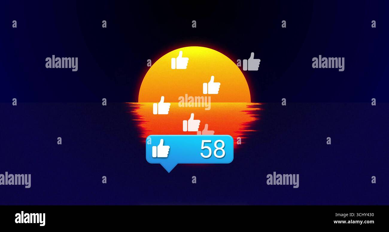 Immagine luminosa a metà sole che sorge sull'acqua all'alba, con icone con i pollici in alto e bolla blu Foto Stock