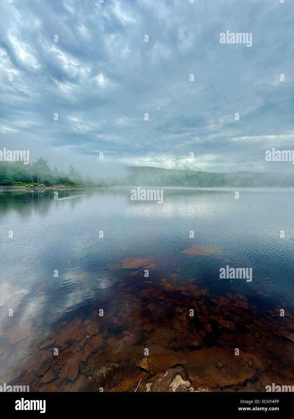 La nebbia del sorgere del sole e la nebbia mattutina si avvolgono sull'acqua del lago North South a Haines Falls, New York. Alberi, sole, alte montagne dietro le nuvole Foto Stock