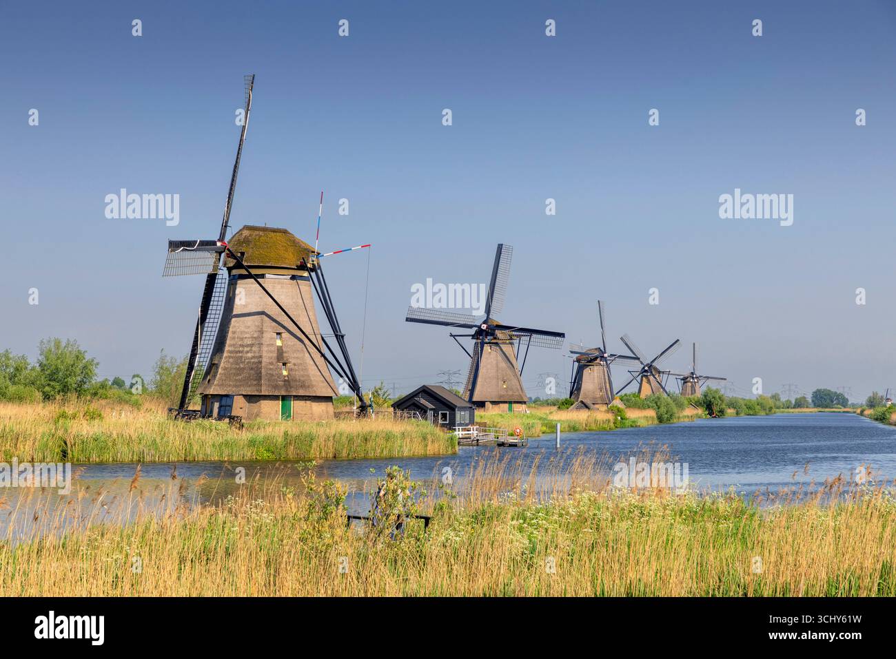 Mulini a vento di Kinderdijk, patrimonio dell'umanità dell'UNESCO, Paesi Bassi, Olanda meridionale, Molenlanden Foto Stock